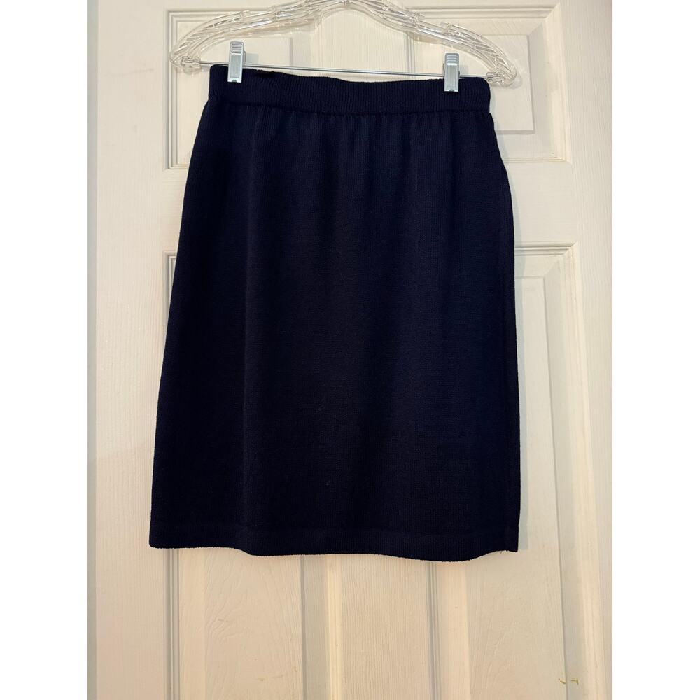St. John 2-Piece Knit Suit Set Navy Blue Gold Metallic Trim and Skirt sz 6 - Picture 6 of 13